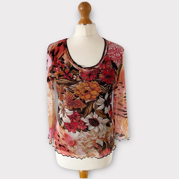James Lakeland Mesh Blouse Top IT 46 UK 14 Floral Coral Red Orange Multi Lettuce - Picture 3 of 9